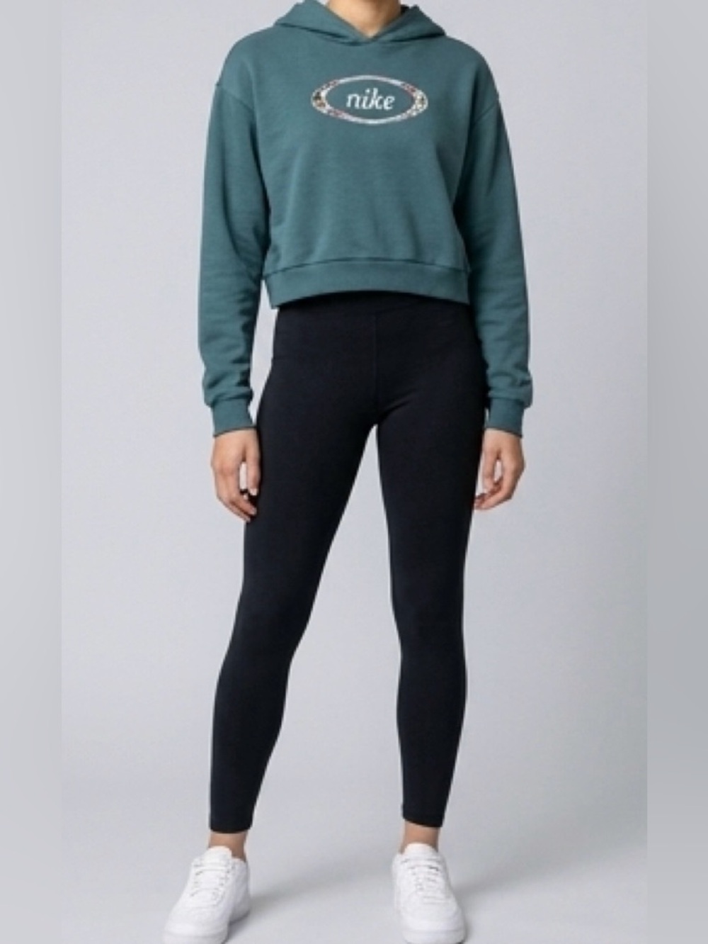 Nike Teal Cropped Hoodie with Floral Oval Logo
